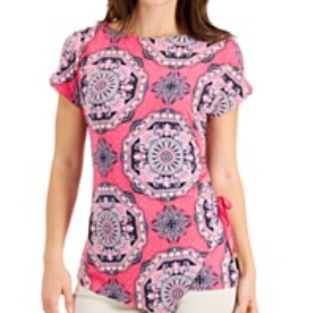 JM Collection Printed Faux-Wrap Top Size Medium